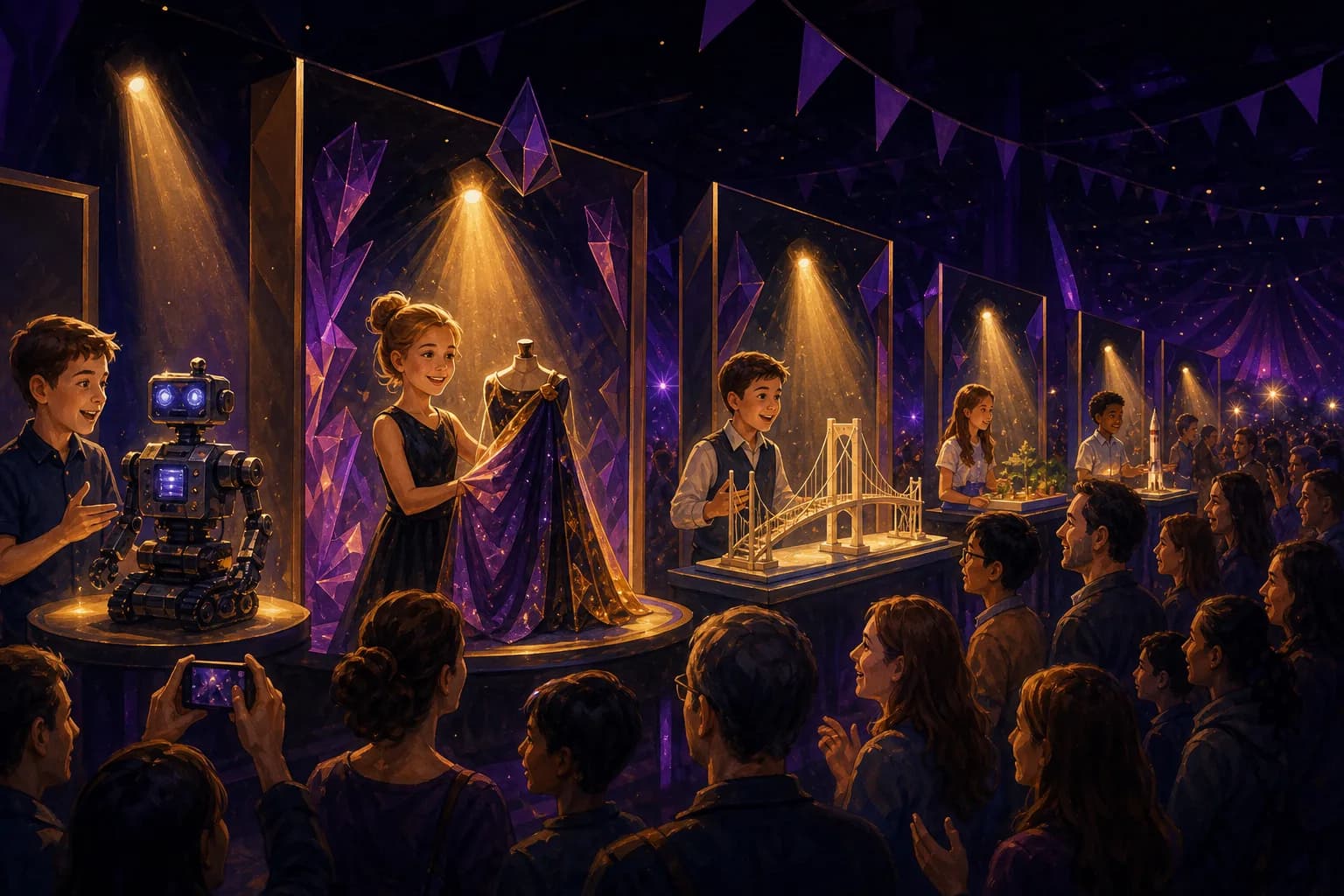 Demo Day - a night showcase of kid presenters mid-story at glowing exhibit stands