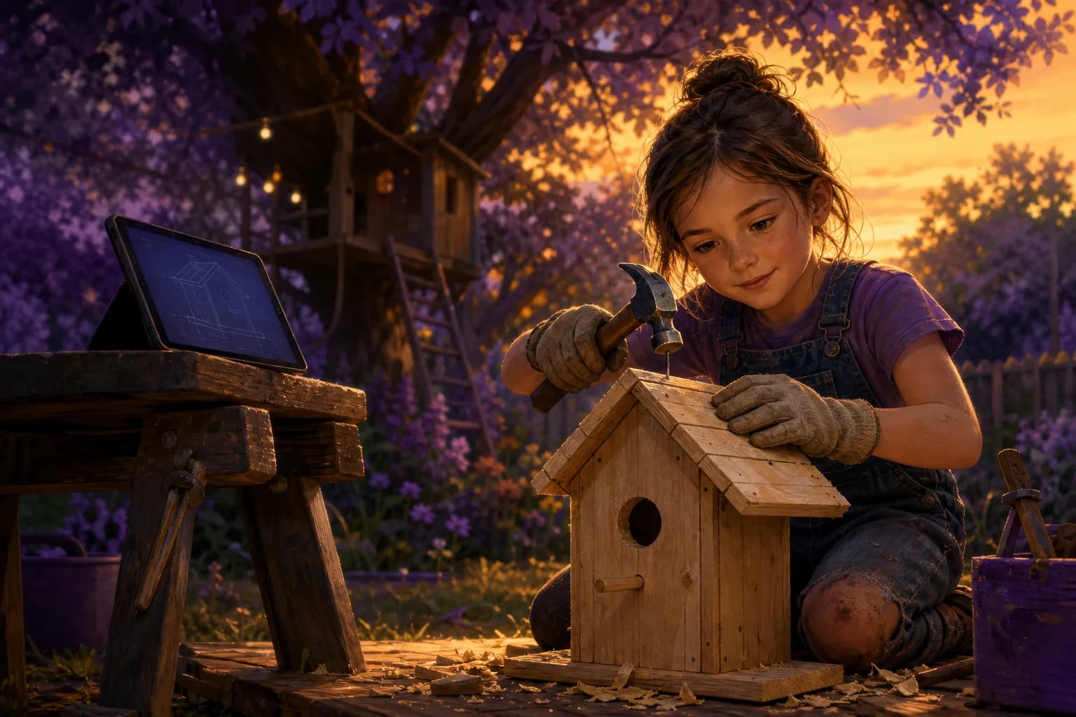 A kid outside, hammering a real birdhouse she designed - the tablet a step away, consulted not consumed